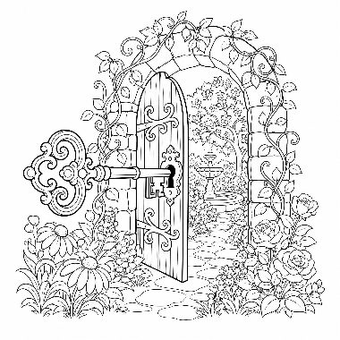 A large decorative key rests against a stone archway leading to a garden path, surrounded by flowers and vines.