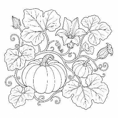 Line drawing of a large pumpkin surrounded by curling vines, leaves, small pumpkins, and blossoms.