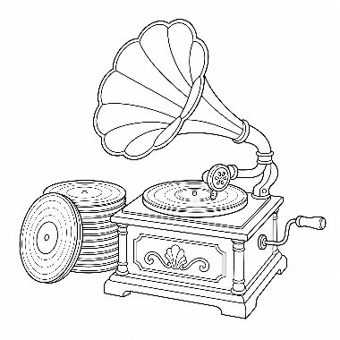 Line drawing of an old-fashioned gramophone with a large horn, turntable, and crank, beside a stack of records.