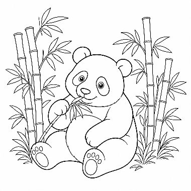 Line drawing of a panda sitting and eating a bamboo leaf, surrounded by tall bamboo stalks.