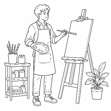 A man in an apron holds a paintbrush and palette while painting on an easel, with a plant and shelf nearby.