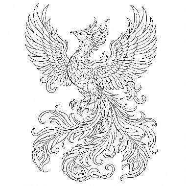 Line drawing of a phoenix perched with wings spread wide and long, swirling ornamental tail feathers below.
