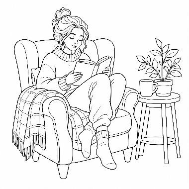 A woman with hair in a bun sits curled in a wingback armchair reading a book, with a blanket and a plant on a stool nearby.