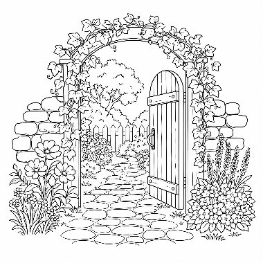 A stone archway covered in ivy frames an open wooden gate leading to a flower-lined stone path.