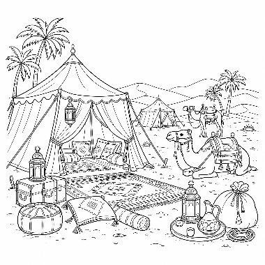 Line drawing of a desert campsite with an open tent, cushions, luggage, palm trees, and two camels resting nearby.
