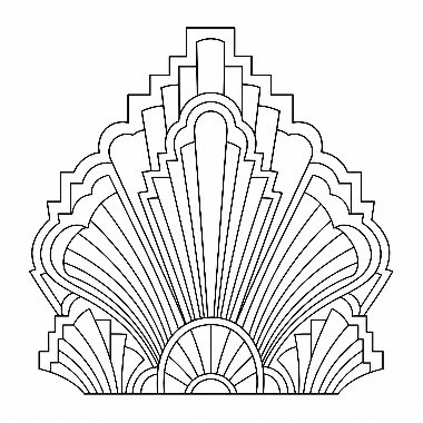 Symmetrical art deco style design resembling a crown or fan with stepped geometric layers and radiating lines.