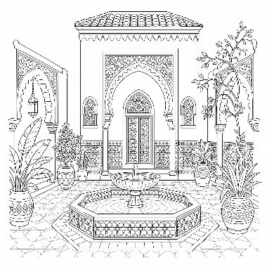 Line drawing of an ornate Moroccan courtyard with arched doorways, patterned walls, potted plants, and a central octagonal fountain.