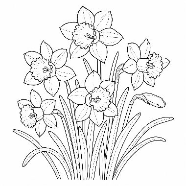 Line drawing of five daffodil blooms with trumpet centers, tall leaves, and a closed bud on long stems.