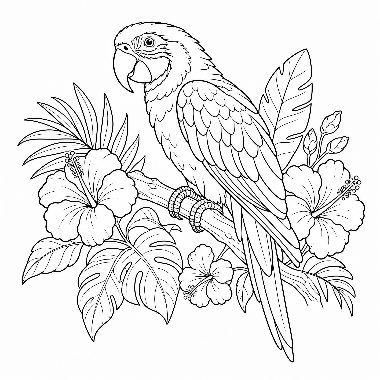 Line drawing of a macaw perched on a branch surrounded by hibiscus flowers and tropical leaves.
