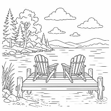Two Adirondack chairs face each other on a wooden dock by a lake, with trees, mountains, and clouds in the background.