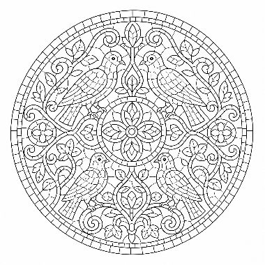 A circular mandala design featuring four birds, flowers, leaves, and intricate mosaic-style patterns within a round border.
