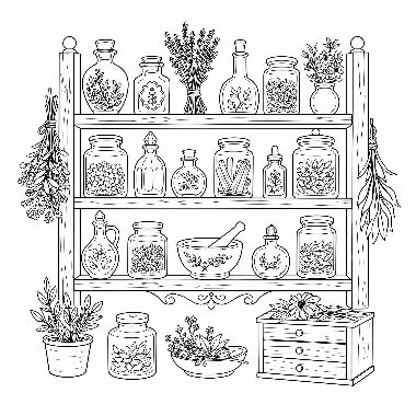 Line art of wooden shelves holding jars of herbs, bottles, hanging bundles, a mortar and pestle, and a drawer box below.