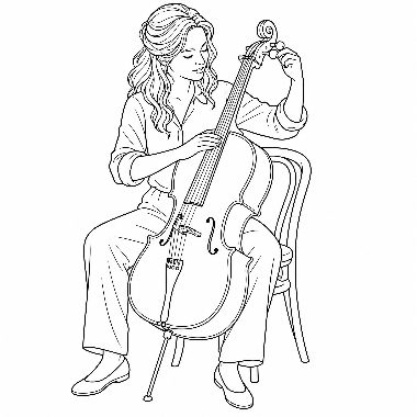 Line drawing of a seated woman with curly hair playing a cello with a bow, wearing casual clothes.