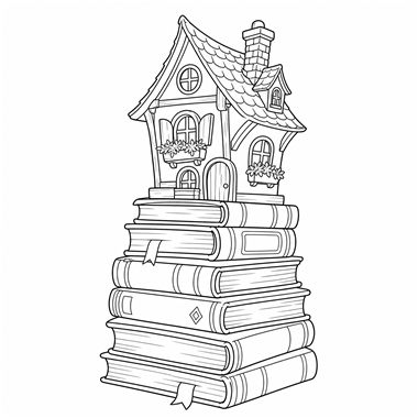 A whimsical small house with a chimney and flower boxes sits on top of a tall stack of books.