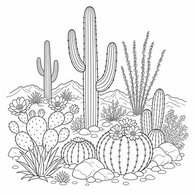 Line drawing of tall saguaro cacti, barrel cacti, and prickly pear with flowers among rocks and distant mountains.