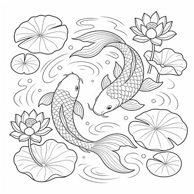 Two koi fish swim among lily pads and blooming lotus flowers in rippling water, drawn in black and white line art.