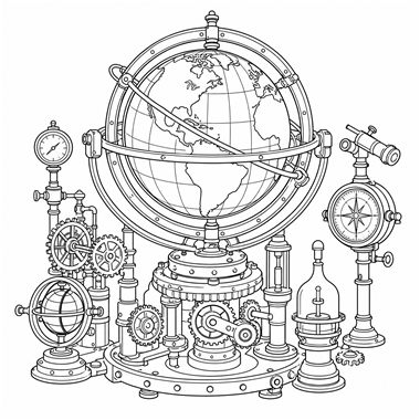 Line art of an armillary globe surrounded by gears, a telescope, compass, gauges, and mechanical devices on a decorative base.