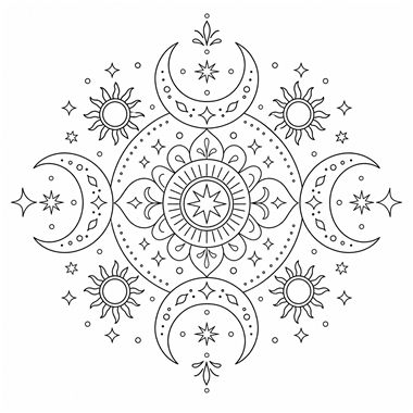 Symmetrical mandala design featuring crescent moons, suns, and stars arranged around a central star medallion.