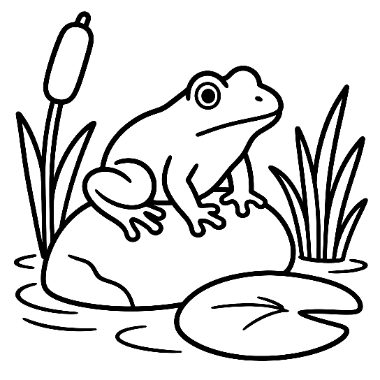 A cartoon frog sits on a rock near a lily pad, with cattails growing in the water on both sides.