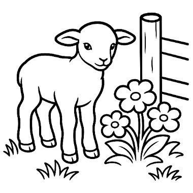 Line drawing of a baby lamb standing near a wooden fence post beside two flowers and grass.