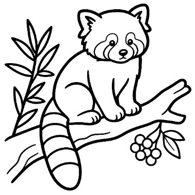 Line drawing of a red panda sitting on a tree branch with berries and leaves nearby.