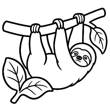 Line drawing of a smiling sloth hanging upside down from a tree branch, with two leaves nearby.