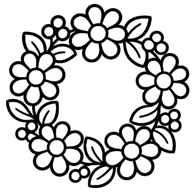 A circular wreath made of various flowers, leaves, and small berry clusters arranged in a ring, outlined in black and white.