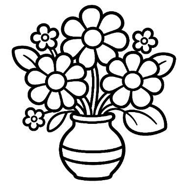 Line drawing of a bouquet of large daisy-like flowers with leaves, arranged in a striped vase.