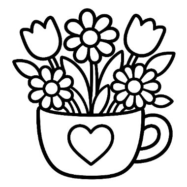 Line art of a teacup with a heart on it, filled with daisies and tulips, and a side handle.
