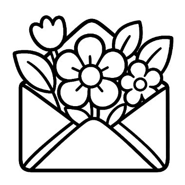 Line drawing of an open envelope with a bouquet of flowers and leaves bursting out from the top.