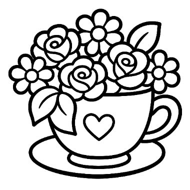 Line art of a teacup and saucer overflowing with roses, daisies, and leaves, with a heart on the cup.