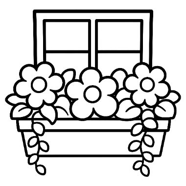 Line drawing of a window with a flower box beneath it, filled with large flowers and trailing leaves.