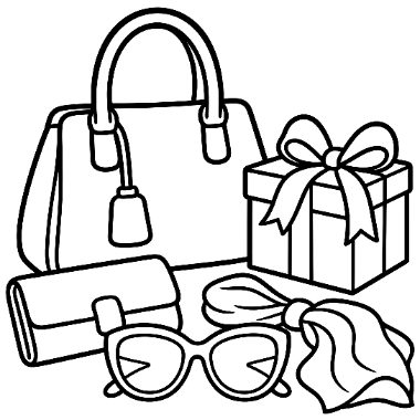 Line art of a handbag, wrapped gift box, clutch purse, sunglasses, and a scarf arranged together.