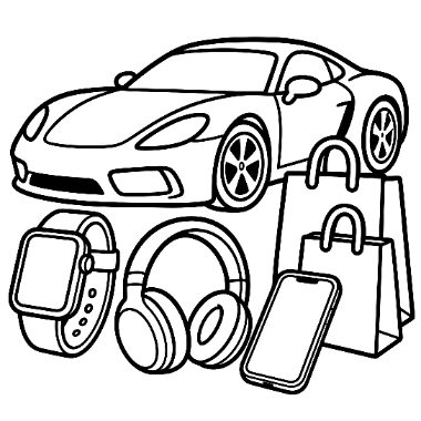Line drawing of a sports car above a smartwatch, headphones, a smartphone, and two shopping bags.