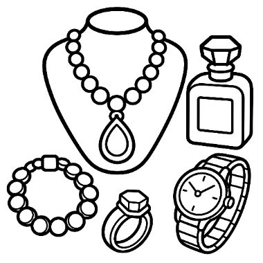 Line drawing of a pearl necklace on a stand, a perfume bottle, a beaded bracelet, a gemstone ring, and a wristwatch.