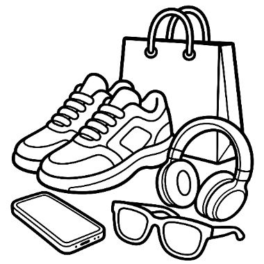 Line drawing of a pair of sneakers, headphones, a smartphone, sunglasses, and a shopping bag with handles.