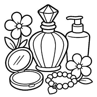 Line art of a perfume bottle, lotion pump, compact mirror, flowers, a leaf, and a beaded bracelet with heart charm.
