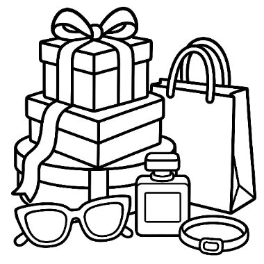 Line drawing of stacked gift boxes with a bow, a shopping bag, sunglasses, a perfume bottle, and a bracelet.