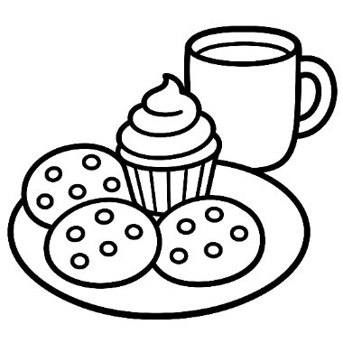 Line drawing of a plate with three chocolate chip cookies and a frosted cupcake beside a mug of milk.