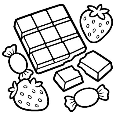 Line art of a chocolate bar, two strawberries, wrapped candies, and chocolate squares arranged together.
