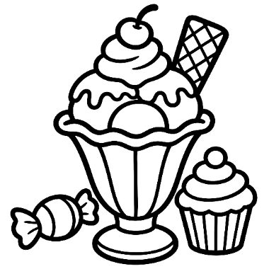 Line art of a sundae topped with a cherry and wafer, next to a cupcake and a wrapped candy.