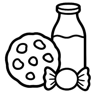 Line drawing of a round chocolate chip cookie, a bottle of milk, and a wrapped candy piece.