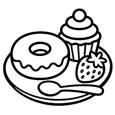 Line art of a plate holding a donut, a cupcake, and a strawberry, with a spoon in front.