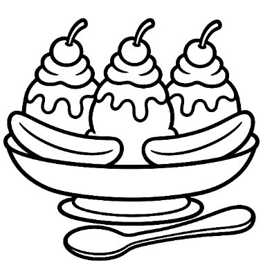 Line drawing of a banana split topped with three scoops of ice cream and cherries, with a spoon beside the dish.