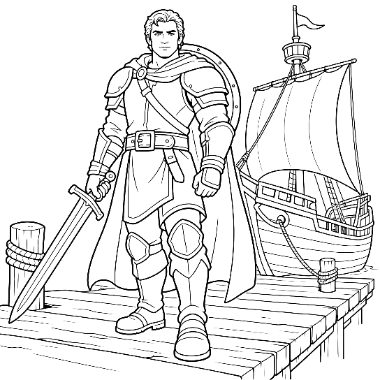 A knight in armor holding a sword stands on a wooden dock beside a sailing ship, line art for coloring.