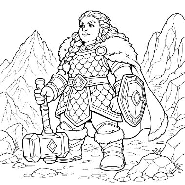 Line art of a female dwarf warrior in scale armor holding a large hammer and shield, standing on a rocky mountainside.