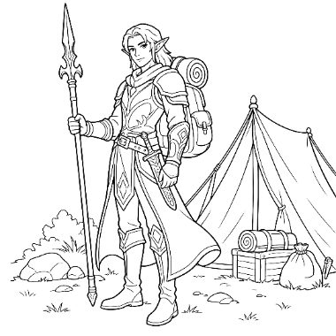 Line art of a pointy-eared warrior holding a spear, wearing armor and a backpack, standing near a tent and treasure chest.