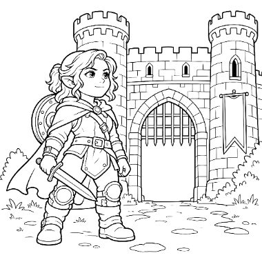 Line art of a young warrior with a sword and shield standing before a castle entrance with a flag.