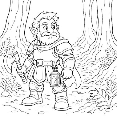 A bearded dwarf in armor holds an axe and a lantern while standing in a forest.