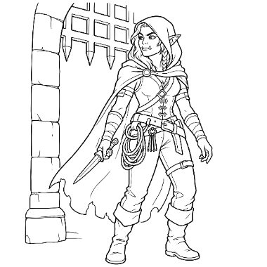 Line art of a hooded elf warrior holding a dagger, with coiled rope on her belt, standing beside a stone archway.